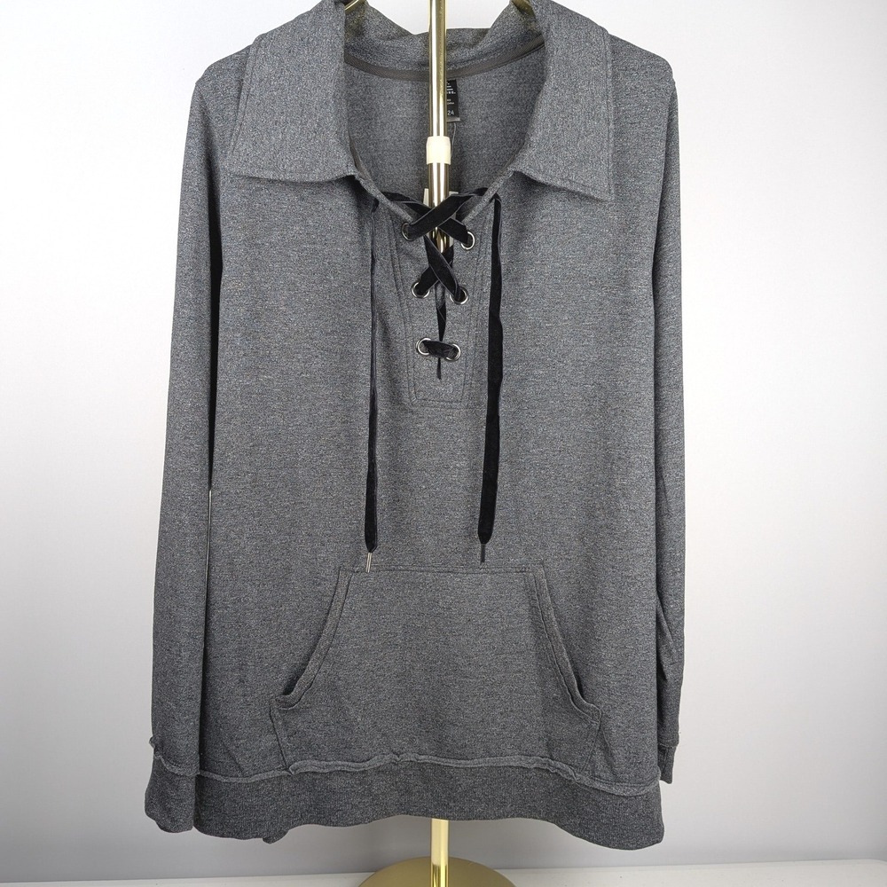 NWT Avenue Women 22/24 Top Grey Heathered Lace Up Velvet Tie Kangaroo Pocket
